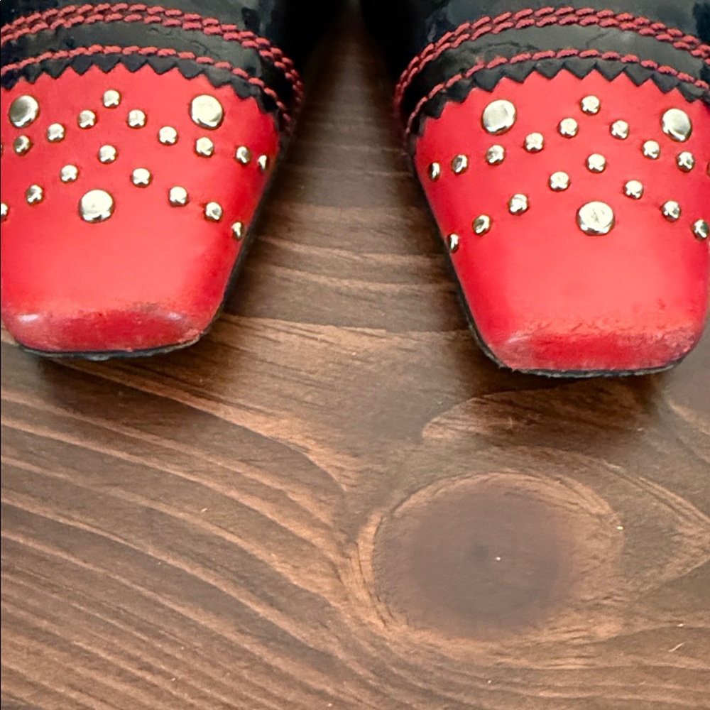 Y2K Red Black Studded Slingback Heels Square Toe Punk Vintage 37 - Picture 8 of 15